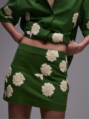 Topshop pelmet raffia flowers Green Mini Skirt NWT